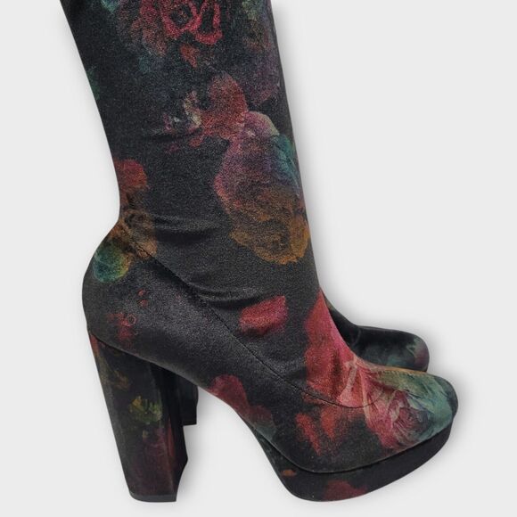 Madden Girl Groupie Black Floral Velvet Over The Knee Platform Heel Boot Size 9 - Picture 13 of 13